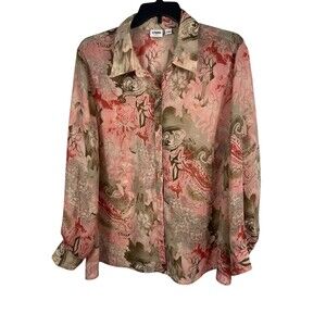 Cato Woman 26/28W Button Up Blouse Pink Tan Floral Paisley Sheer Long Sleeve Top